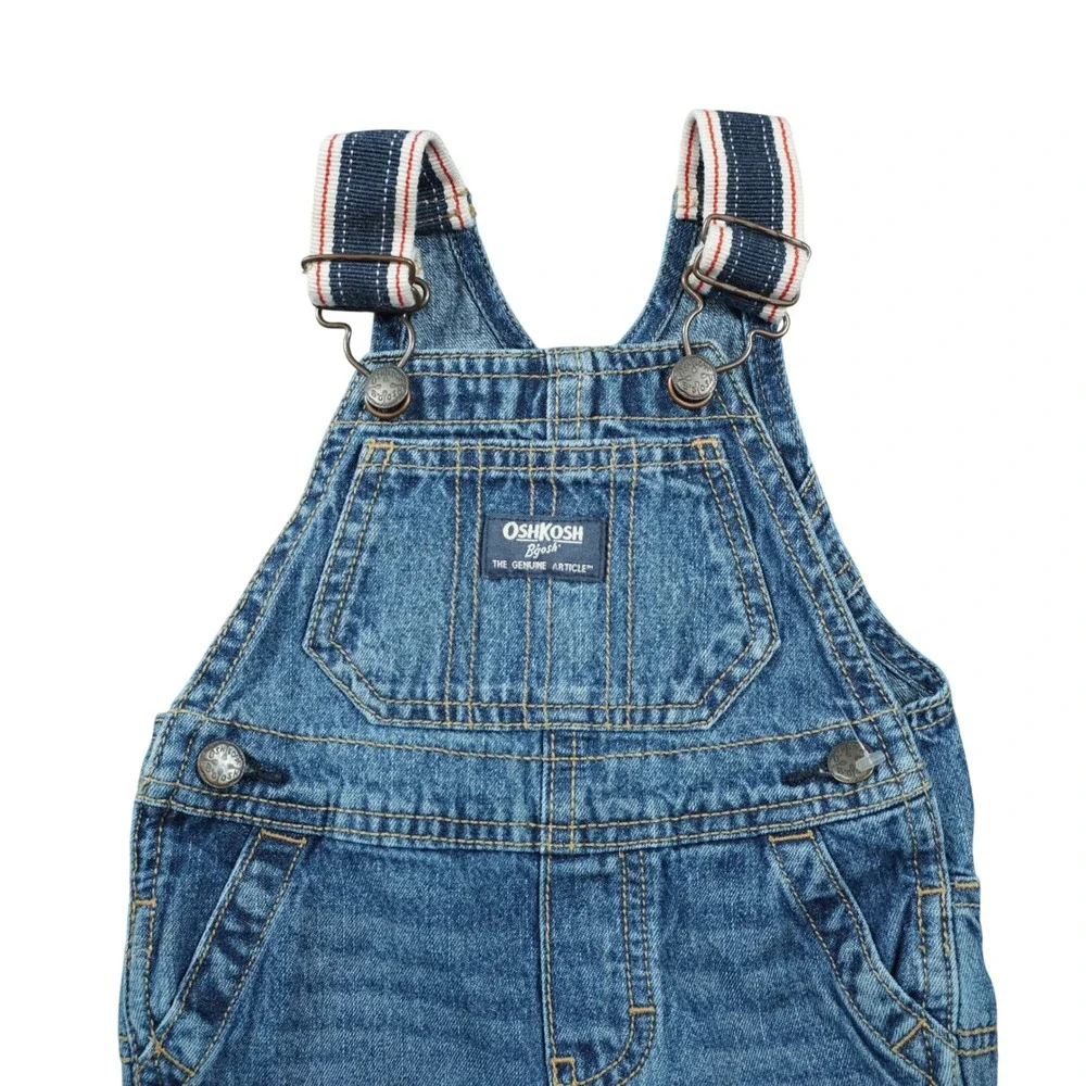 OshKosh Bgosh Baby Boys Blue Denim Shortalls Overalls 9M Striped Straps